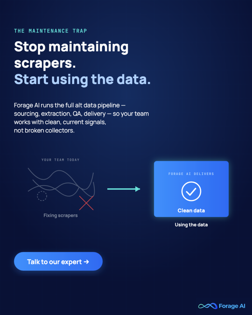 Image #P1: Stop maintaining scrapers. Start using the data.
Alt text: Forage AI promotional banner.