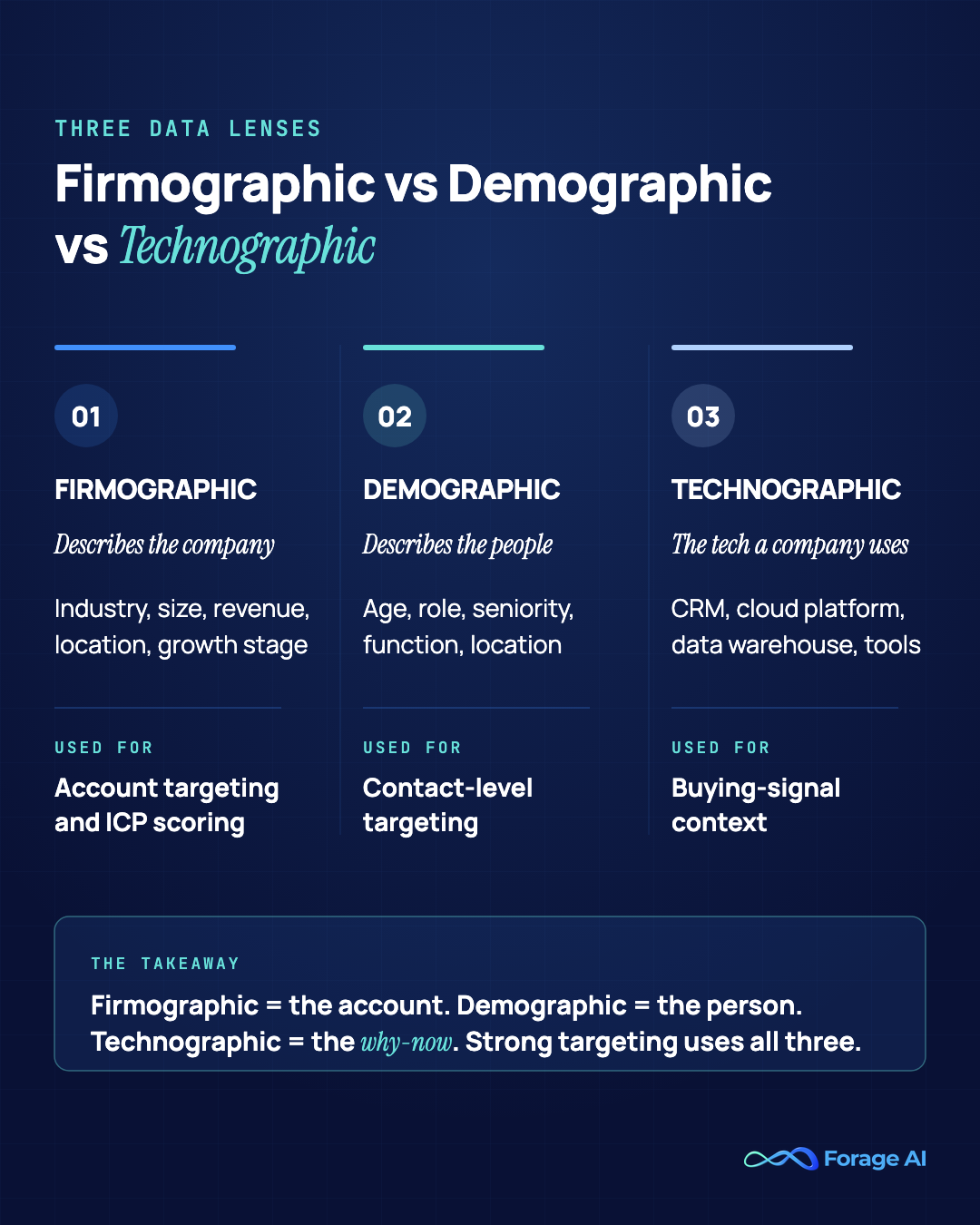 Comparison table contrasting firmographic, demographic, and technographic data across what each describes, examples, and primary use cases.