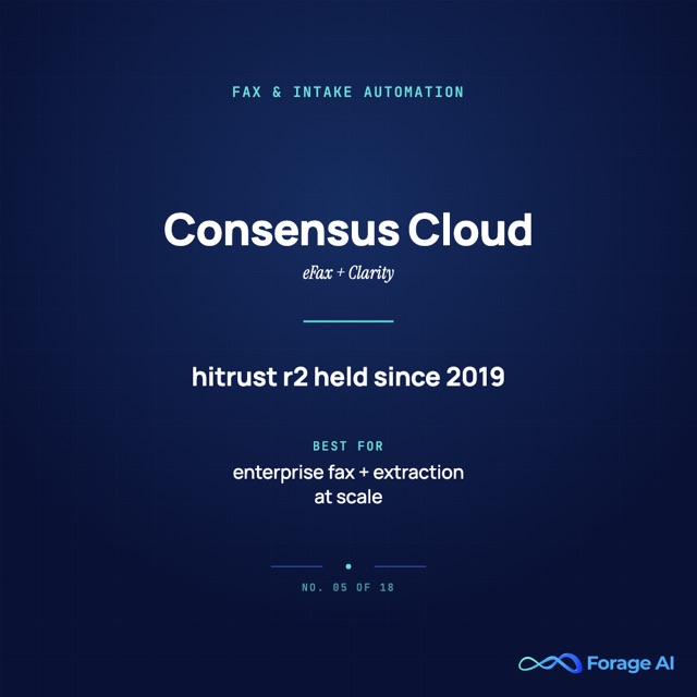 Consensus Cloud Solutions provider card: healthcare-native fax and intake automation, HITRUST r2 certification held since 2019.