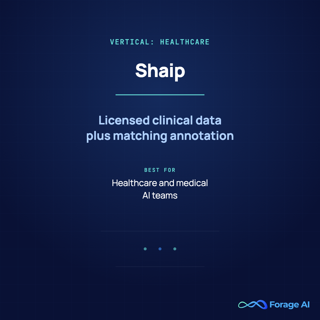 Provider card for Shaip, a vertical AI dataset marketplace for healthcare, combining licensed clinical data with matching annotation, best for healthcare and medical AI teams.