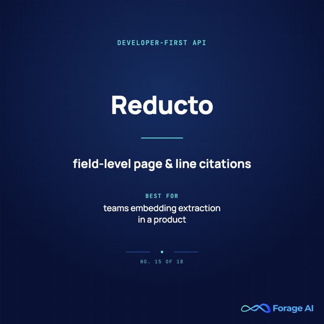 Reducto provider card: developer-first document processing API, field-level page and line citations.