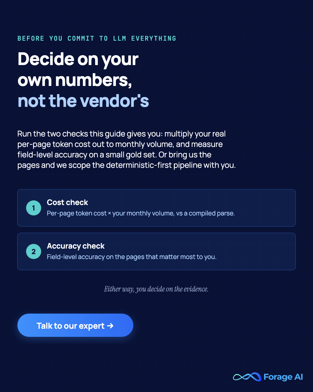 Promotional banner, before you commit to LLM everything run the two checks the guide gives you, multiply your real per-page token cost out to monthly volume against a compiled parse and measure field-level accuracy on a small gold set, or bring the pages to Forage AI to scope a deterministic-first pipeline together.