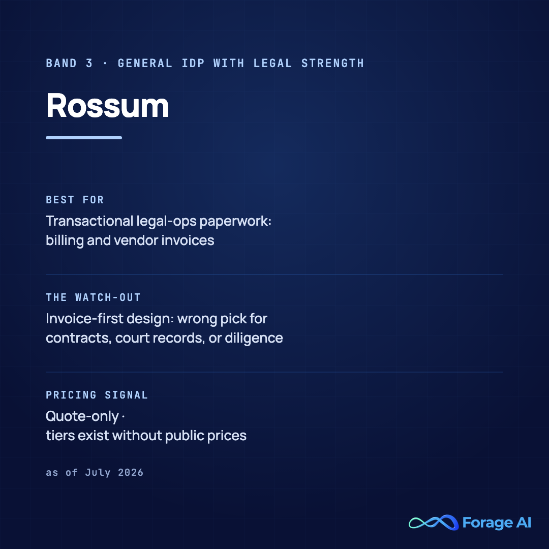 Rossum solution card, band 3, general IDP with legal strength. Best for transactional legal-ops paperwork: billing and vendor invoices. Watch-out: invoice-first design makes it the wrong pick for contracts, court records, or diligence sets. Pricing signal: quote-only, with tiers that exist without public prices. Source: G2 via secondary sources and Capterra fetched directly, as of July 2026.