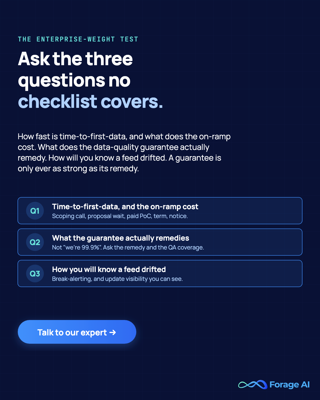 Promotional banner, the enterprise-weight test, ask how fast time-to-first-data is and what the on-ramp costs, what the data-quality guarantee actually remedies, and how you will know a feed drifted, because a guarantee is only as strong as its remedy.