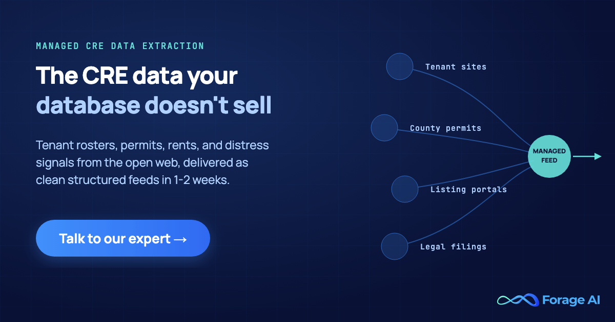 Forage AI managed commercial real estate data extraction: tenant rosters, permits, rents, and distress signals delivered in 1-2 weeks. Talk to our expert.
