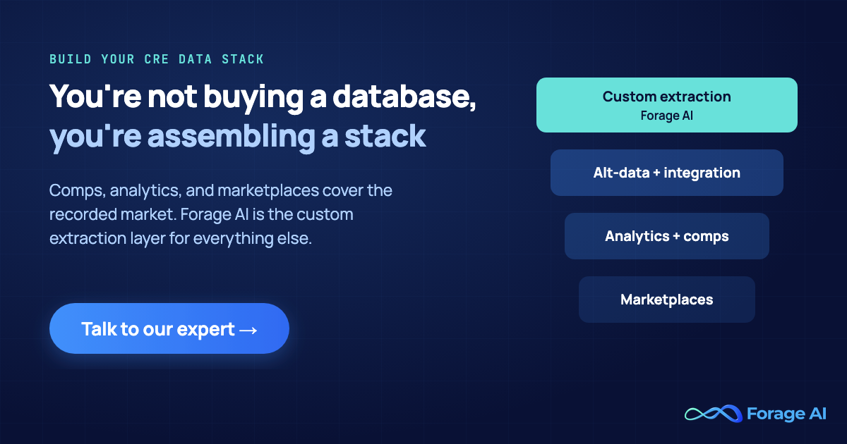 You are not buying a database, you are assembling a stack. Forage AI is the custom web data extraction layer for commercial real estate teams. Talk to our expert.