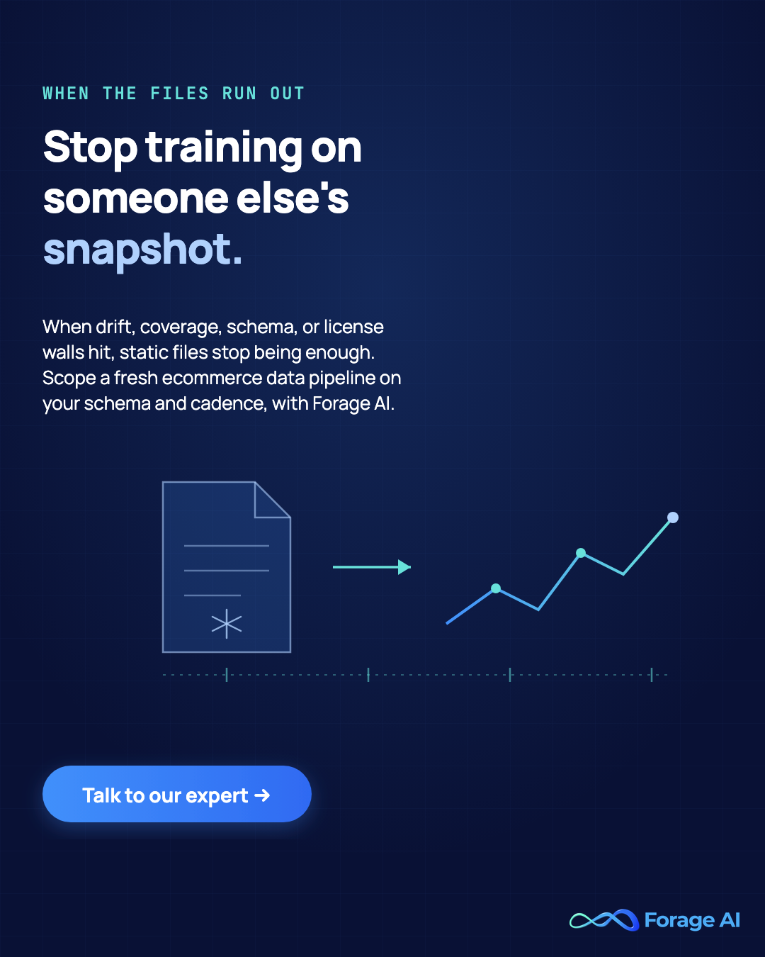 Promotional banner: stop training ecommerce models on static snapshots; Forage AI extracts fresh ecommerce data on your schema and cadence. Talk to our expert.