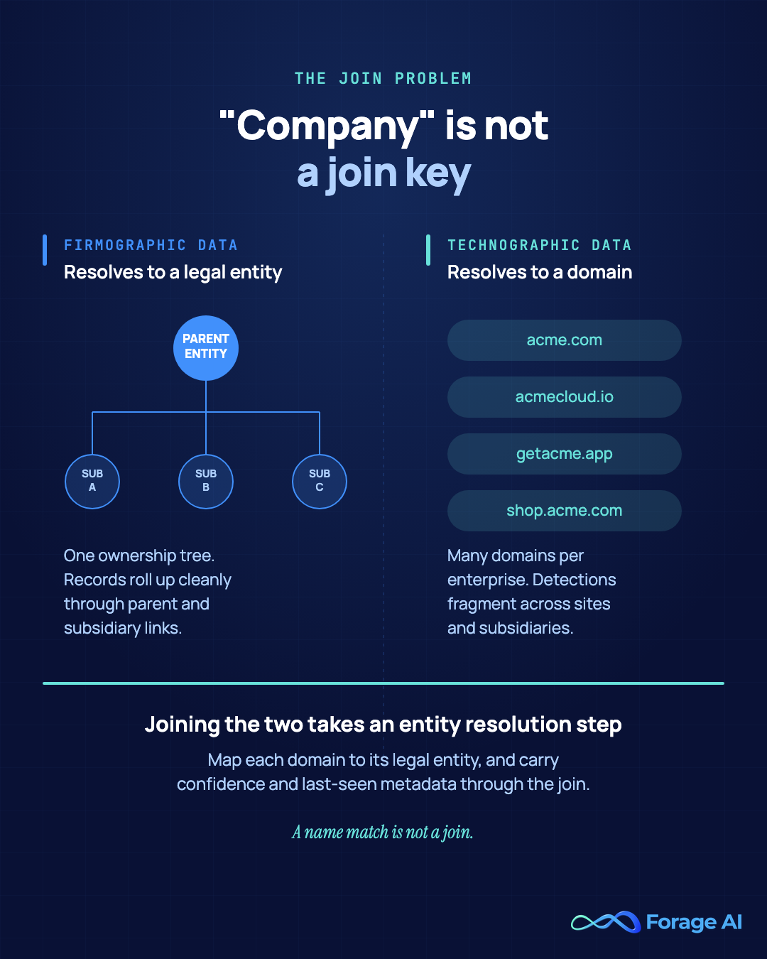 Diagram contrasting firmographic resolution to a legal entity ownership tree with technographic resolution to individual domains, showing why company is not a join key