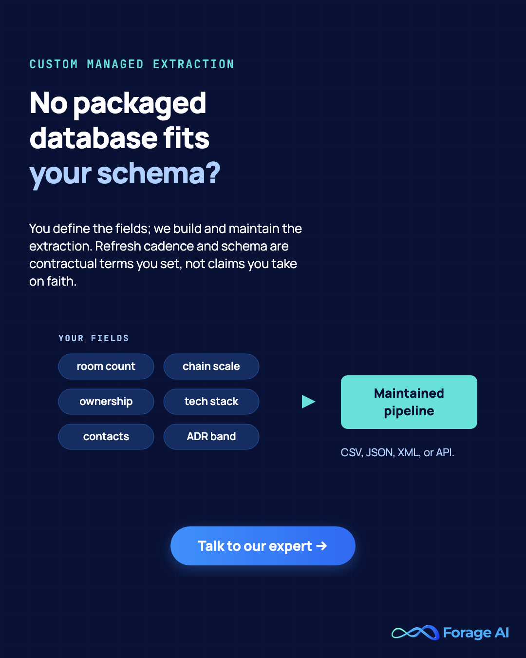 When no packaged hotel database fits your schema, Forage AI builds custom managed extraction with refresh cadence as a contract term. Talk to our expert.
