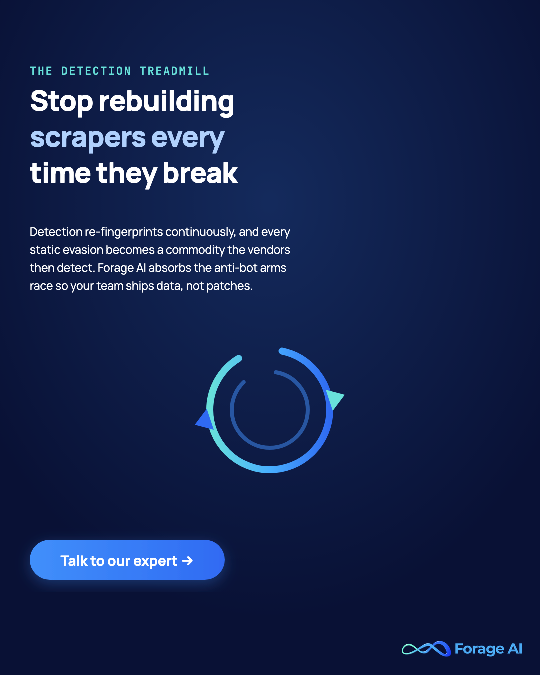 Promotional banner: stop rebuilding scrapers every time they break, Forage AI absorbs the anti-bot arms race so your team ships data, not patches. Talk to our expert.