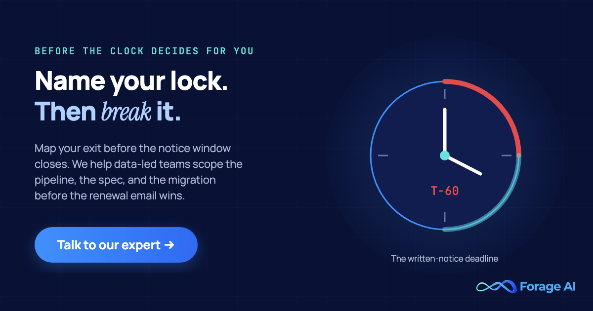 Forage AI promo: name your lock, then break it. Scope your data pipeline, spec, and migration before the renewal notice window closes. Talk to our expert.